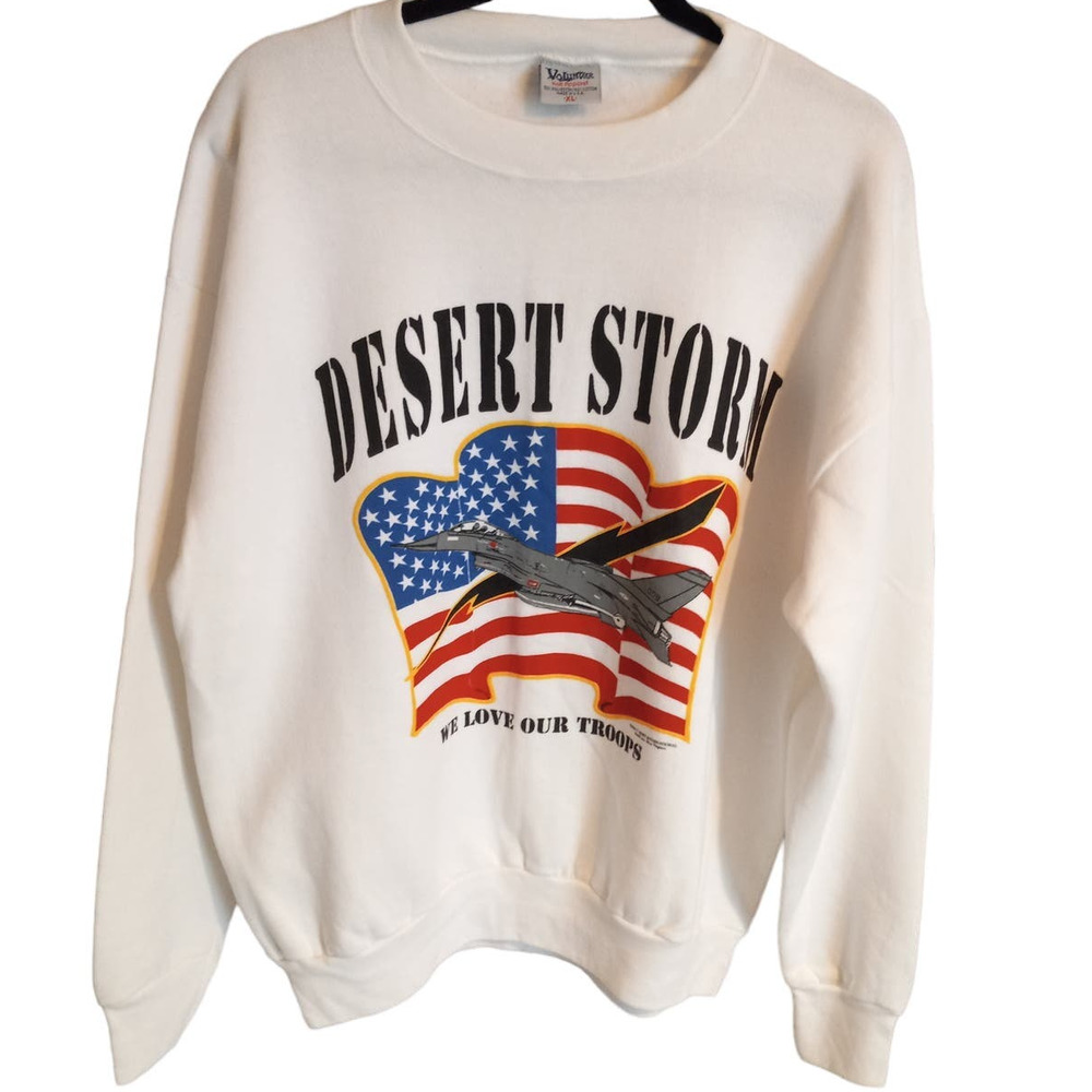 Vintage '91 Desert Storm American Flag Fighter Jet WE LOVE OUR TROOPS Sweatshirt